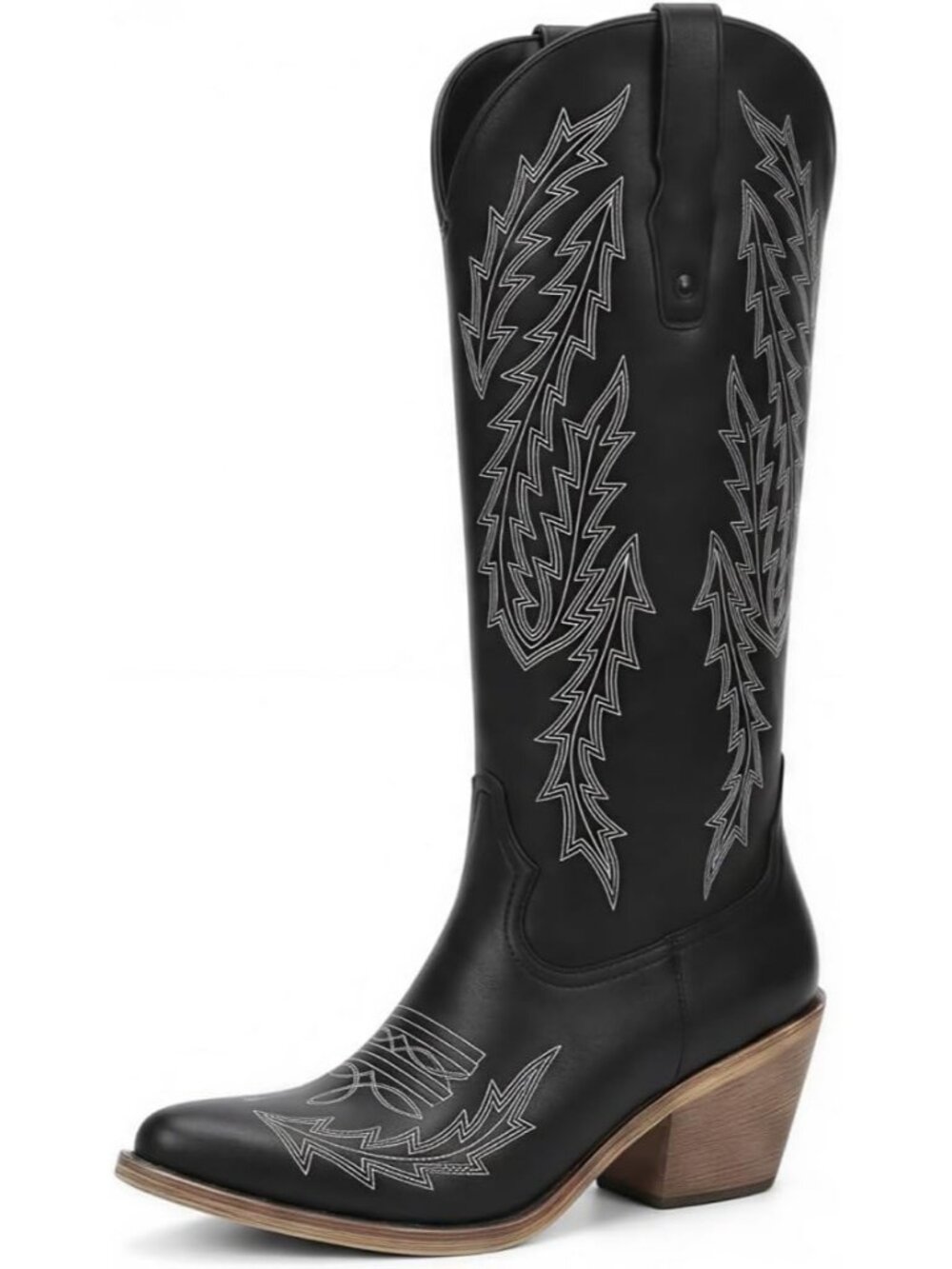 Women's Black  Western Knee High Boots Pointed Toe Chunky Heel Embroidered